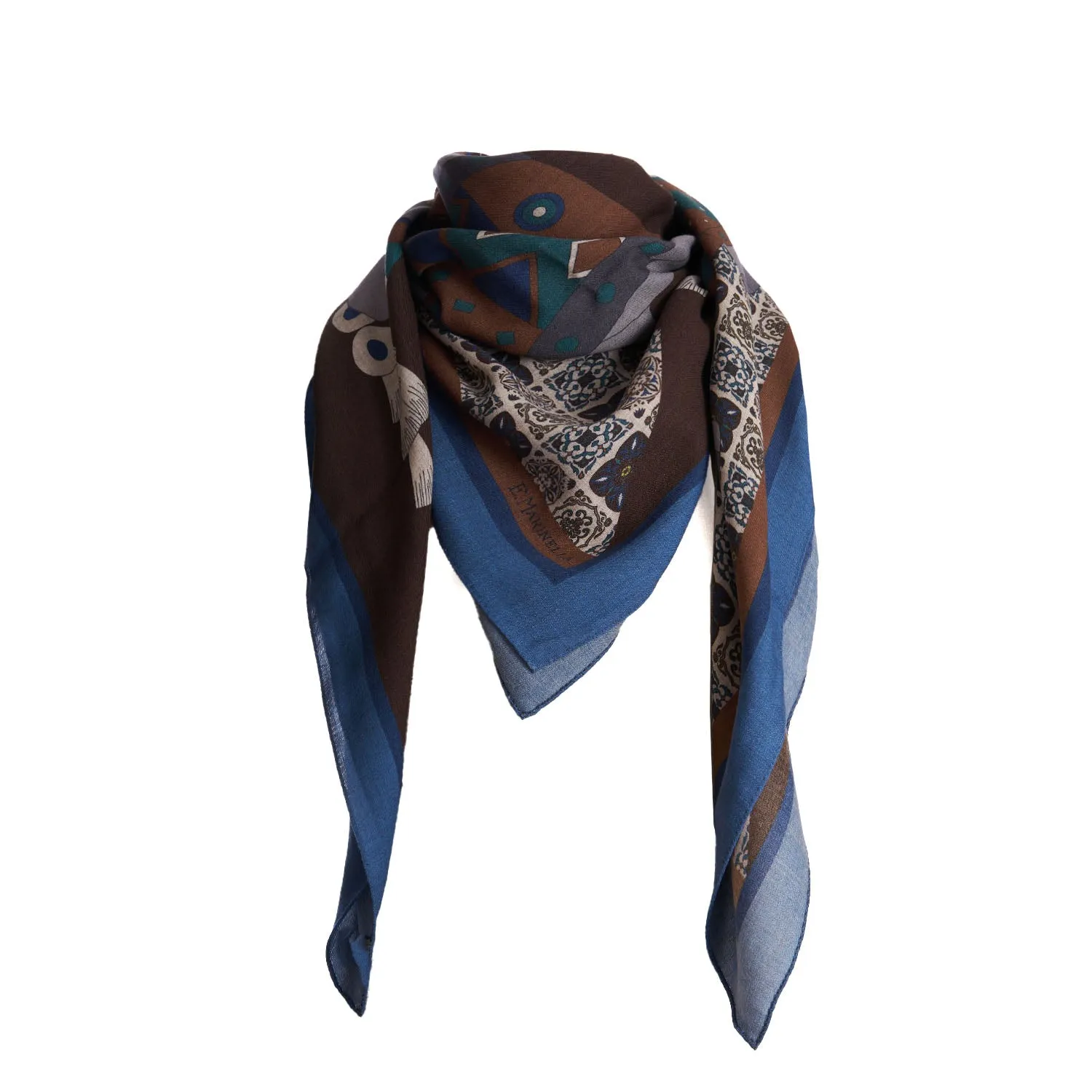 BLUETTE AND DARK BROWN WIDE WOOL SCARF
