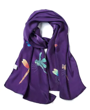 Deluxe Long Hand Painted Satin Silk Scarf Dragonfly