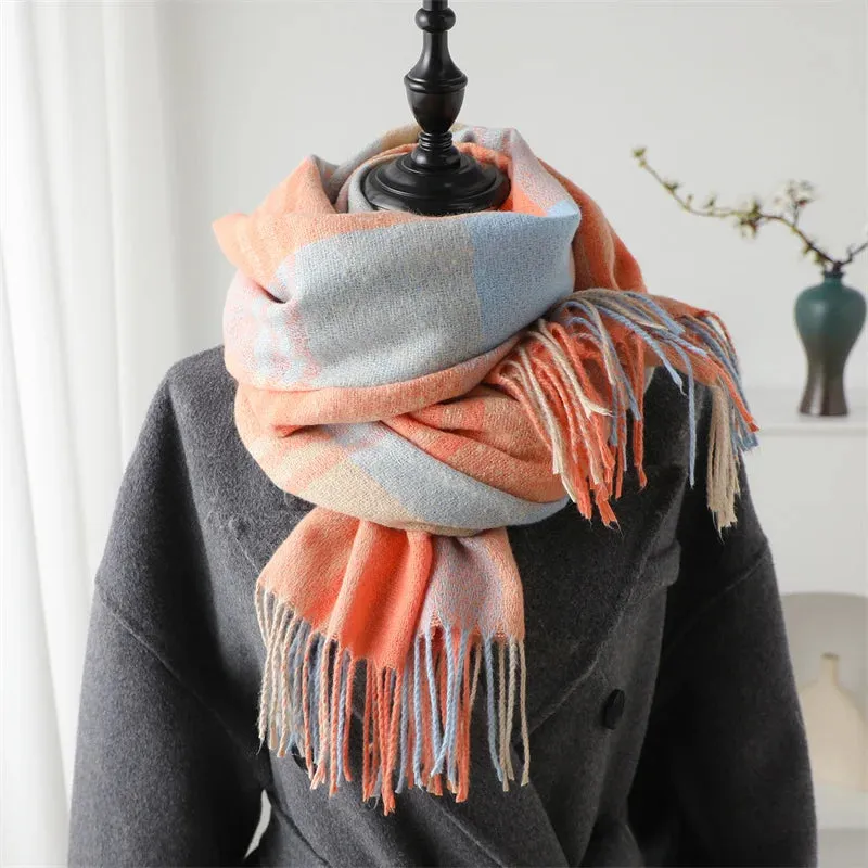 Fashion Winter Warm Colorful Cashmere Like Thick Pashmina Tassels Plaid Scarf