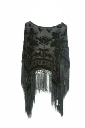 Floral Burnout Velvet Poncho - Black - One Size