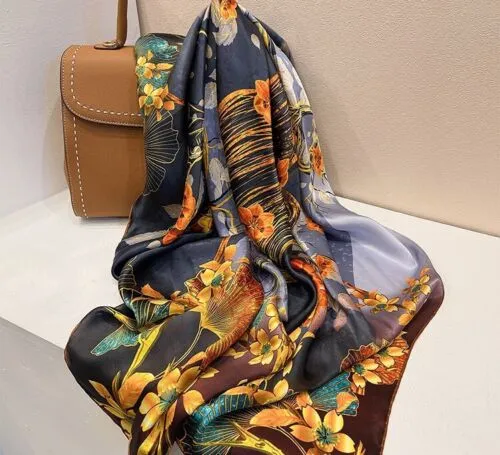 Flower Tree Print Silky Satin Summer Scarf Wrap for Women