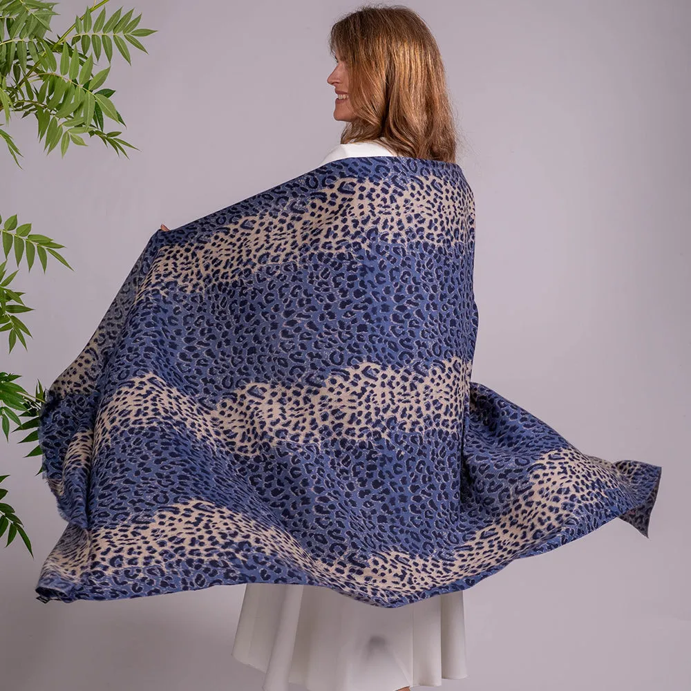 French Blue Leopard Print Pashmina Cashmere Shawl