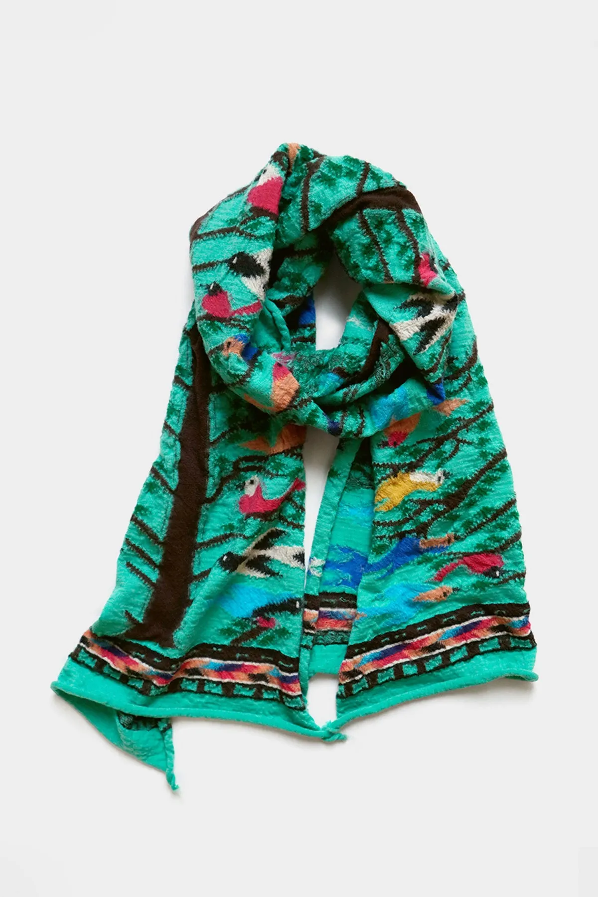 Fulling Wool HAPPY Scarf BIRD TREE - Emerald