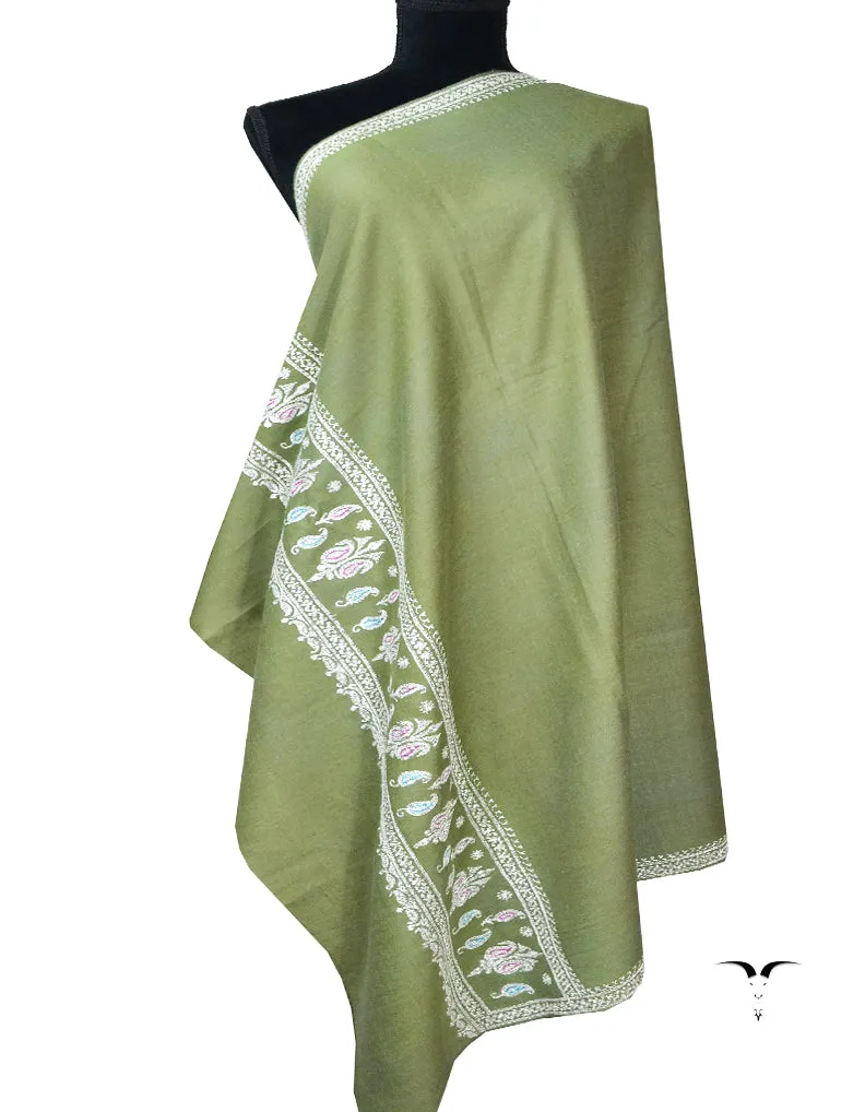 greyish green tilla embroidery pashmina shawl 7909