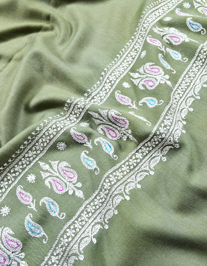 greyish green tilla embroidery pashmina shawl 7909