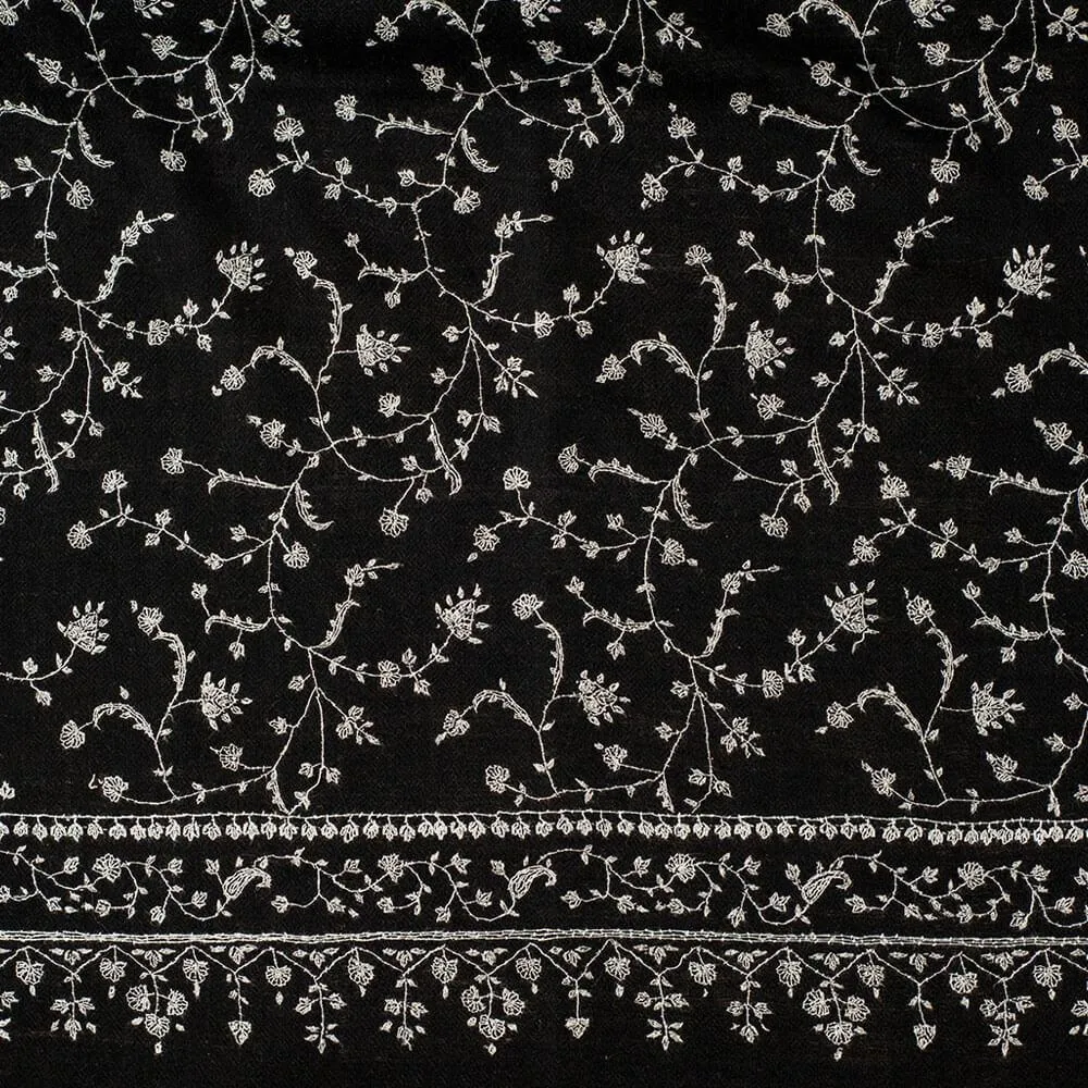Hand Embroidered Black and White Cashmere Ring Shawl