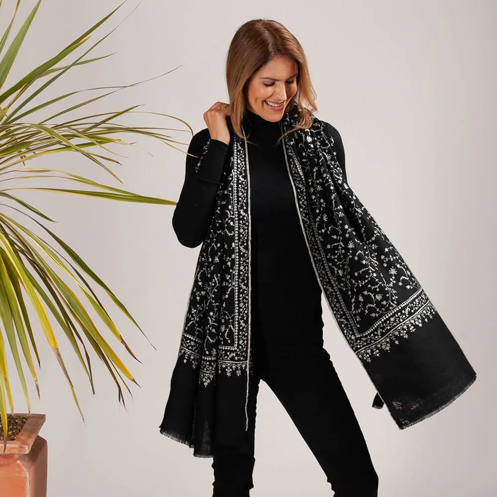 Hand Embroidered Black and White Cashmere Ring Shawl