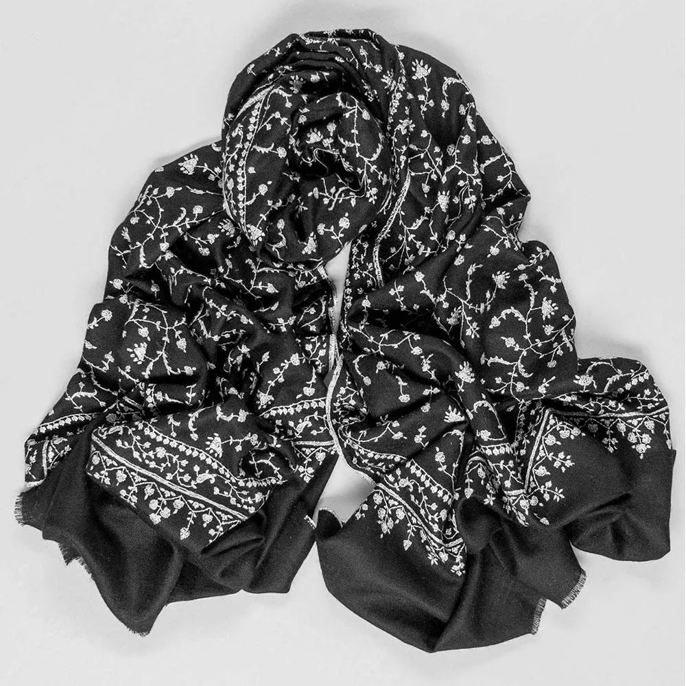 Hand Embroidered Black and White Cashmere Ring Shawl