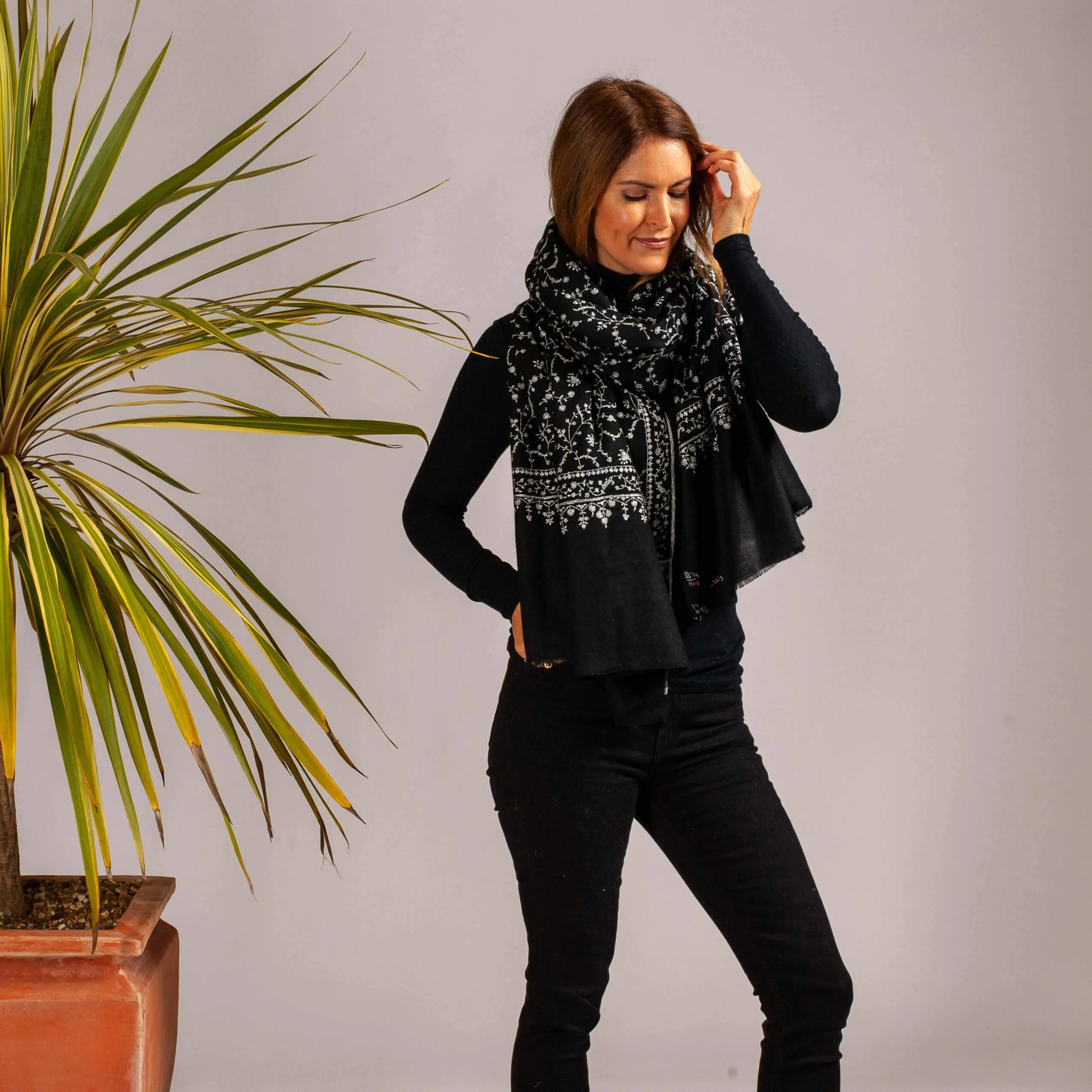 Hand Embroidered Black and White Cashmere Ring Shawl