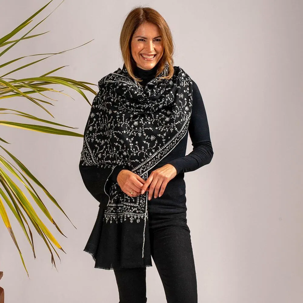 Hand Embroidered Black and White Cashmere Ring Shawl