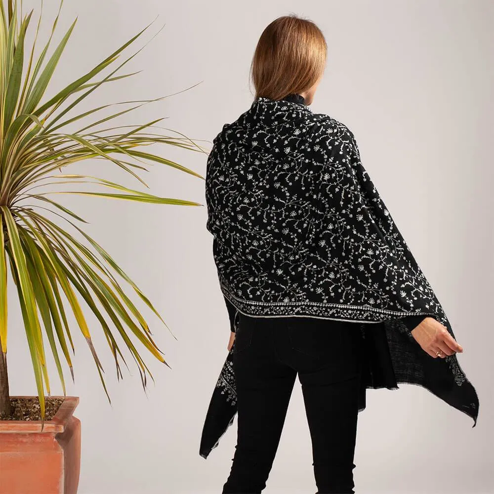 Hand Embroidered Black and White Cashmere Ring Shawl