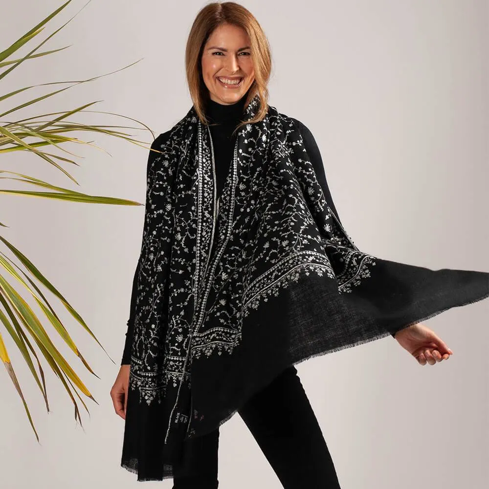 Hand Embroidered Black and White Cashmere Ring Shawl