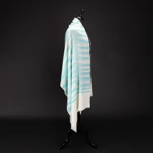 Ikat Pashmina Wrap 'Clouds of Ladakh' Turquoise Stripe