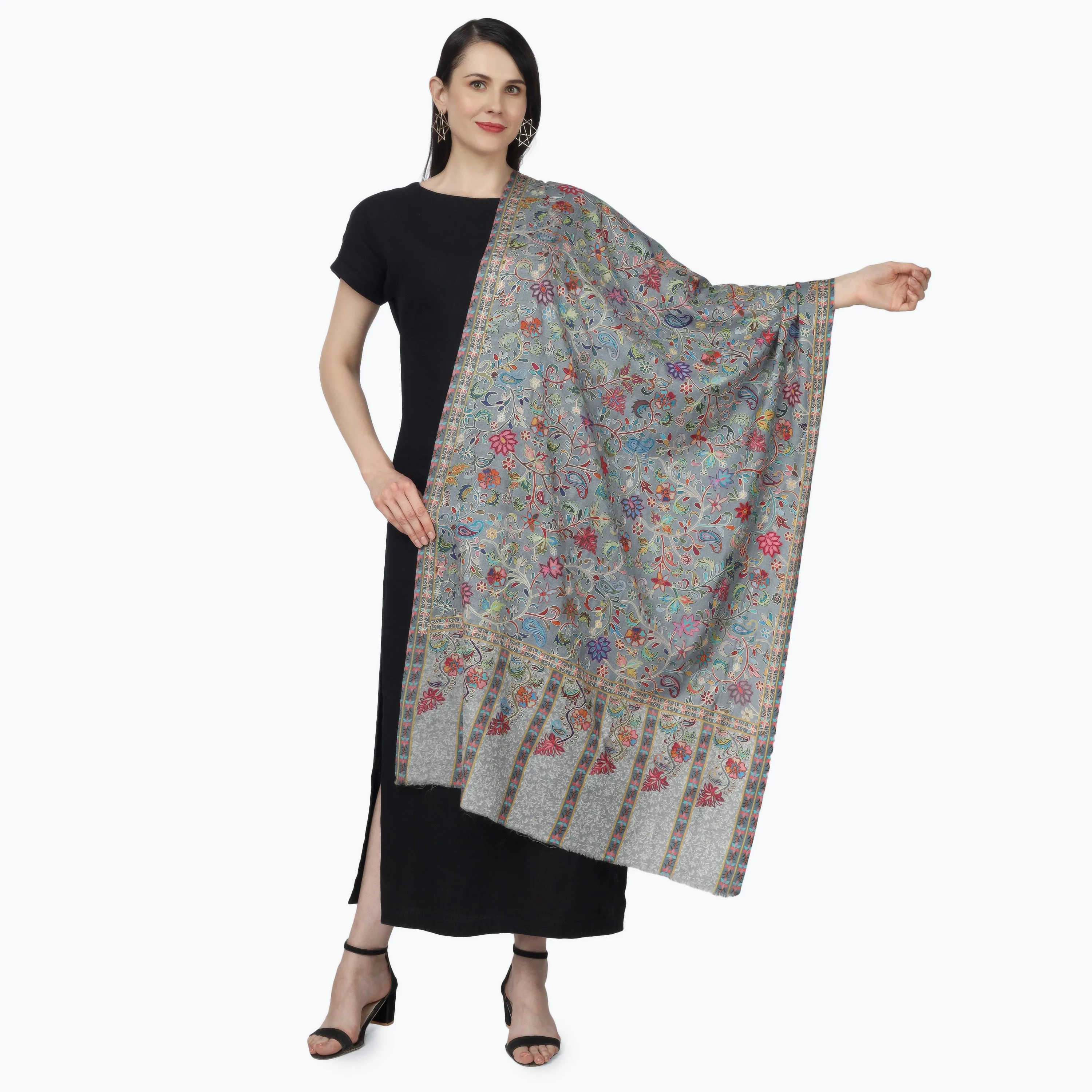 Kashmiri Kalamkari Wrap (Steel Blue)