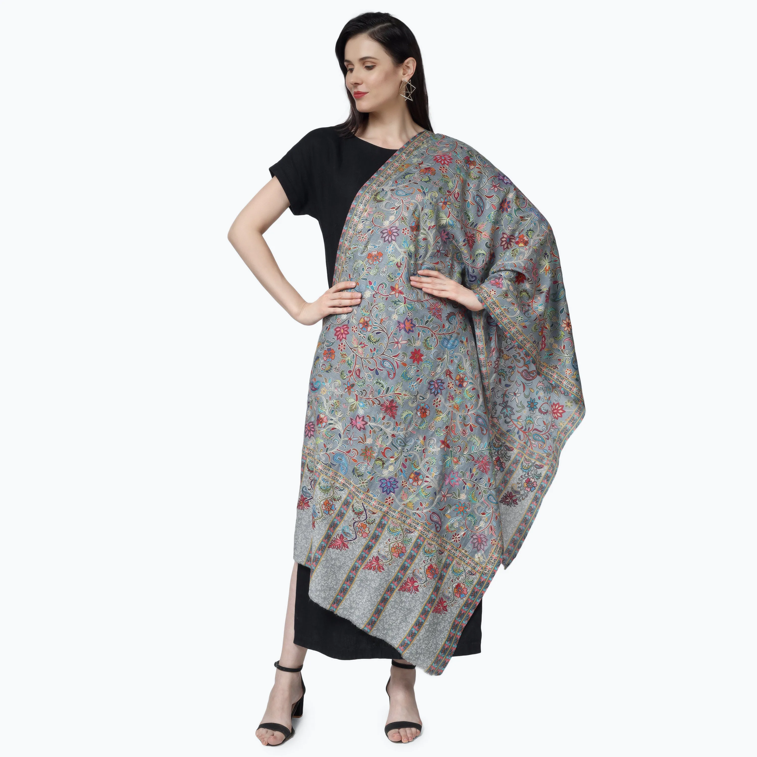 Kashmiri Kalamkari Wrap (Steel Blue)