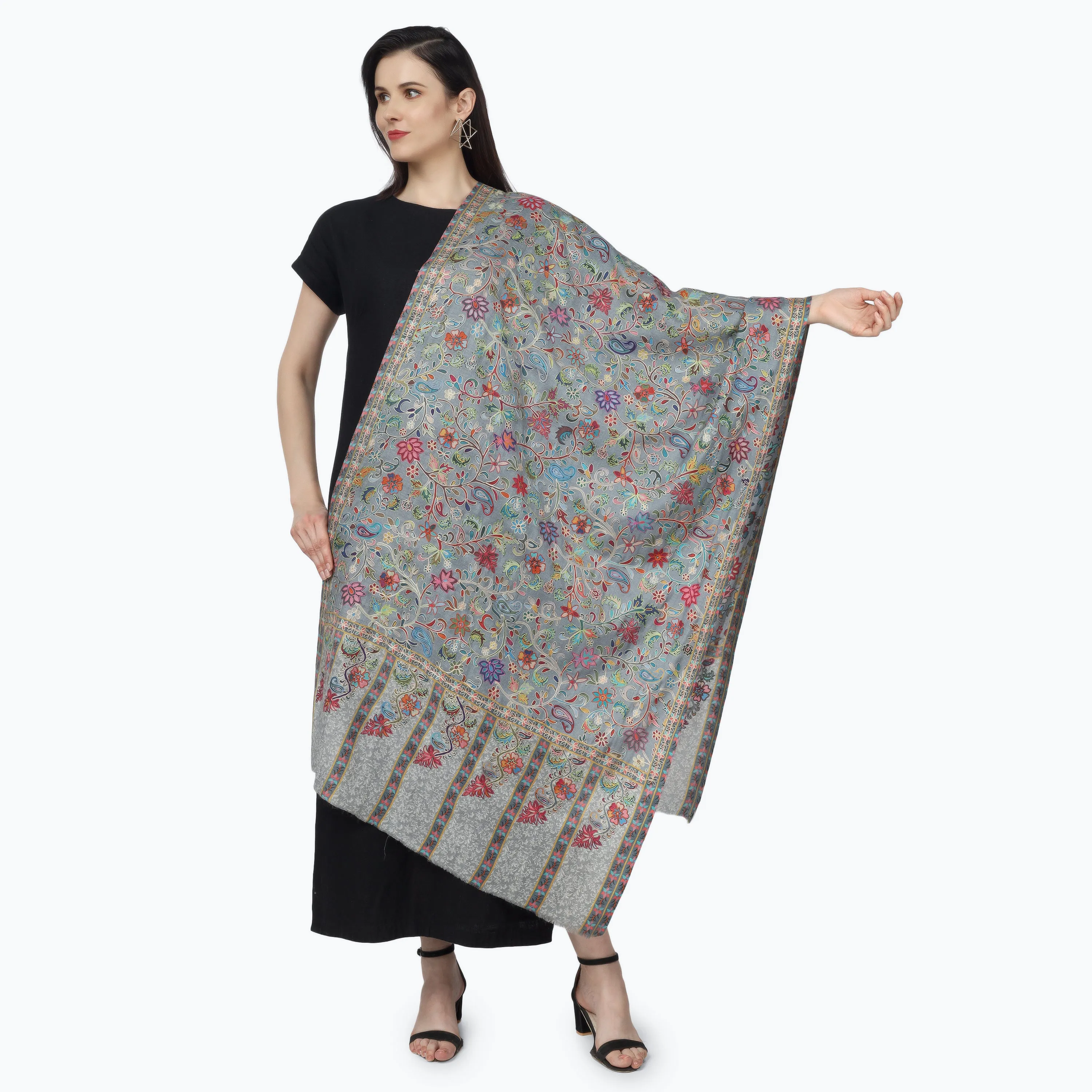 Kashmiri Kalamkari Wrap (Steel Blue)