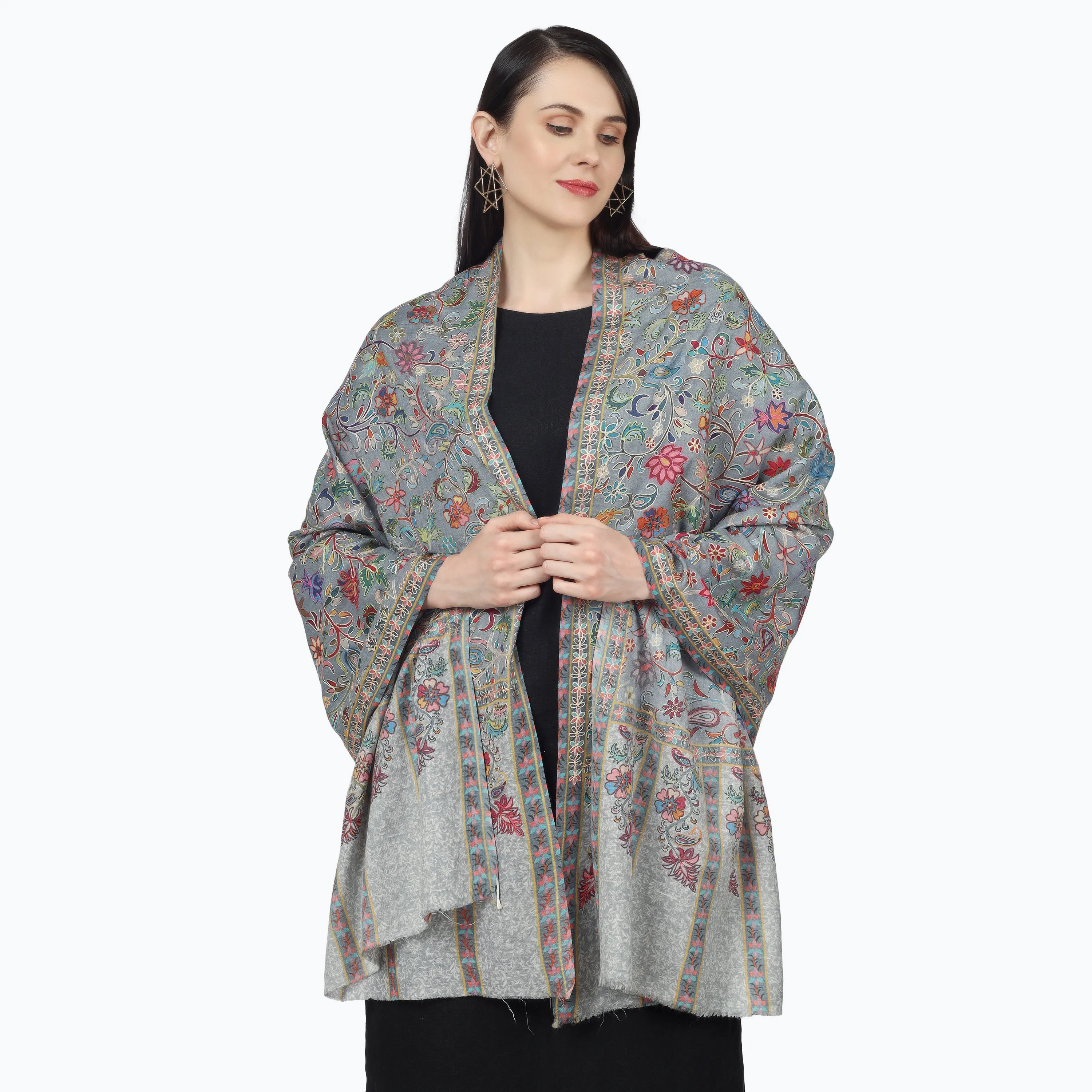 Kashmiri Kalamkari Wrap (Steel Blue)
