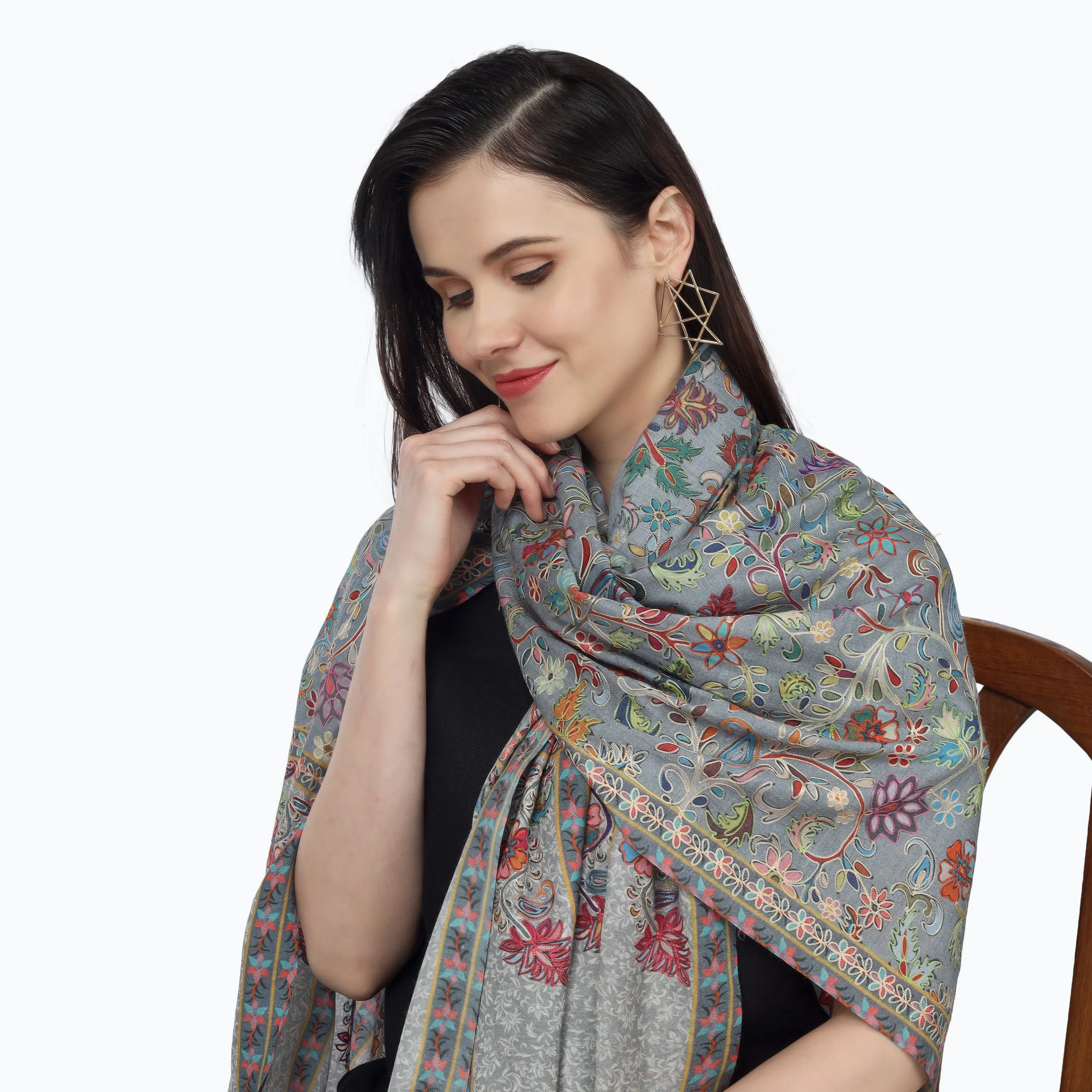 Kashmiri Kalamkari Wrap (Steel Blue)