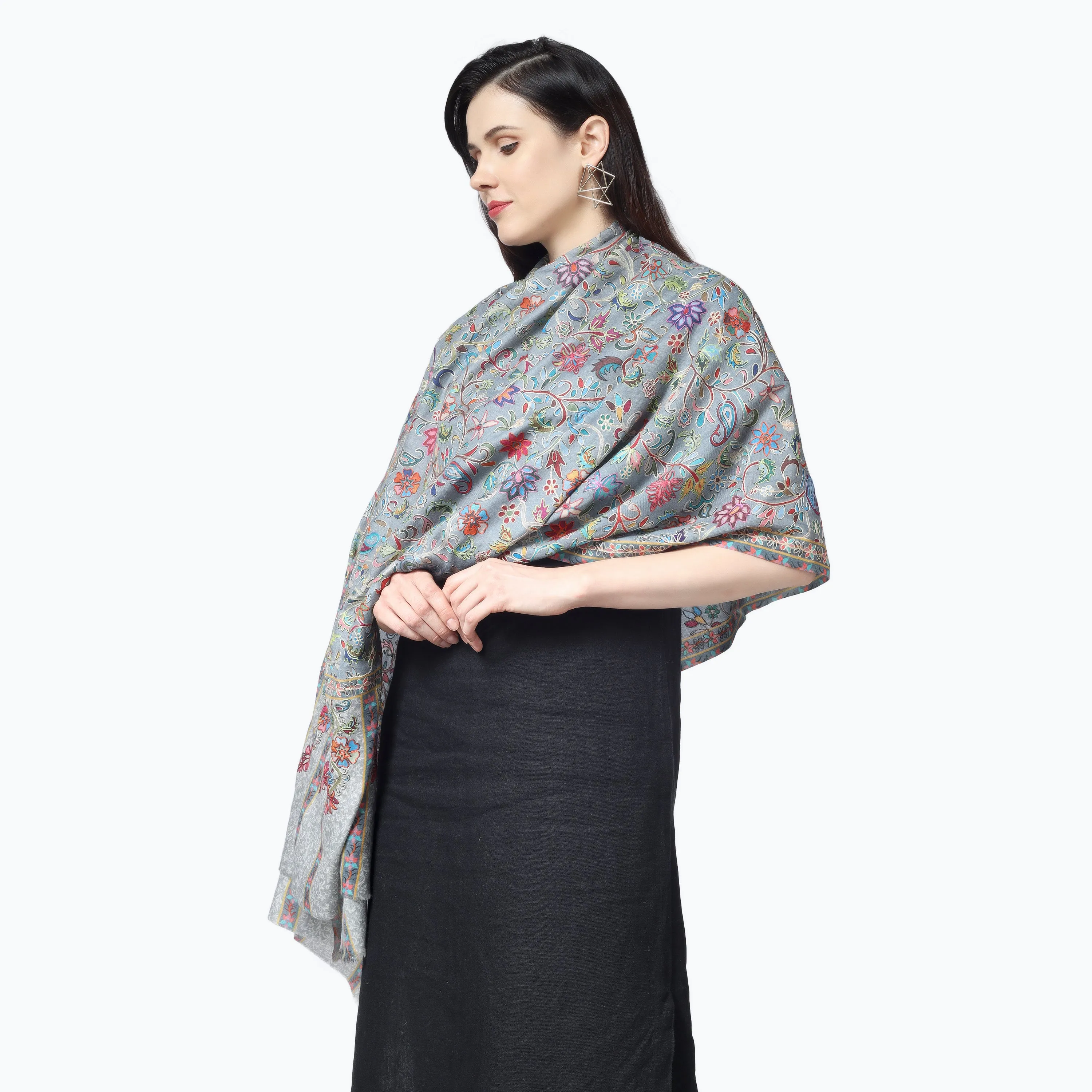 Kashmiri Kalamkari Wrap (Steel Blue)