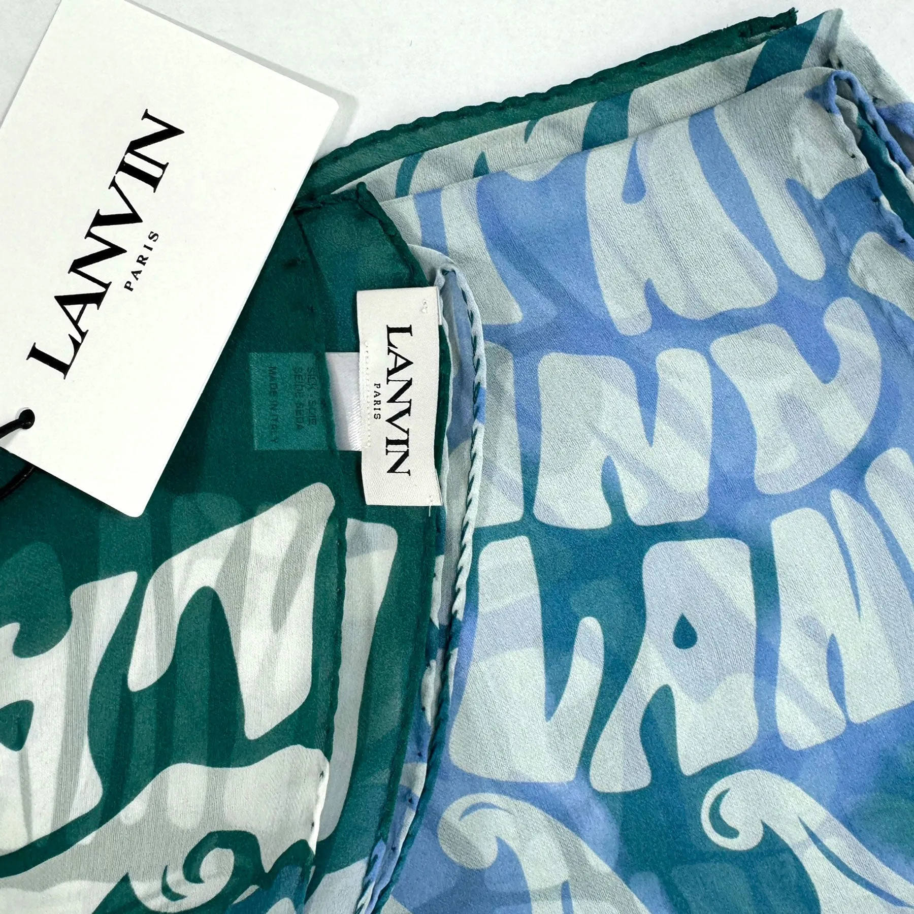 Lanvin Scarf Blue Ocean Green Logo Island Design - Chiffon Silk Shawl BLACK FRIDAY SALE