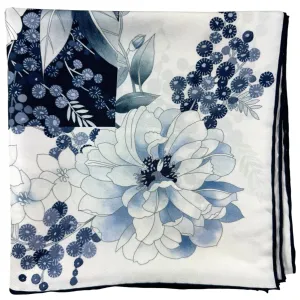 Leonard Paris Scarf White Dark Blue Gray Floral - Twill Silk Large Square Scarf