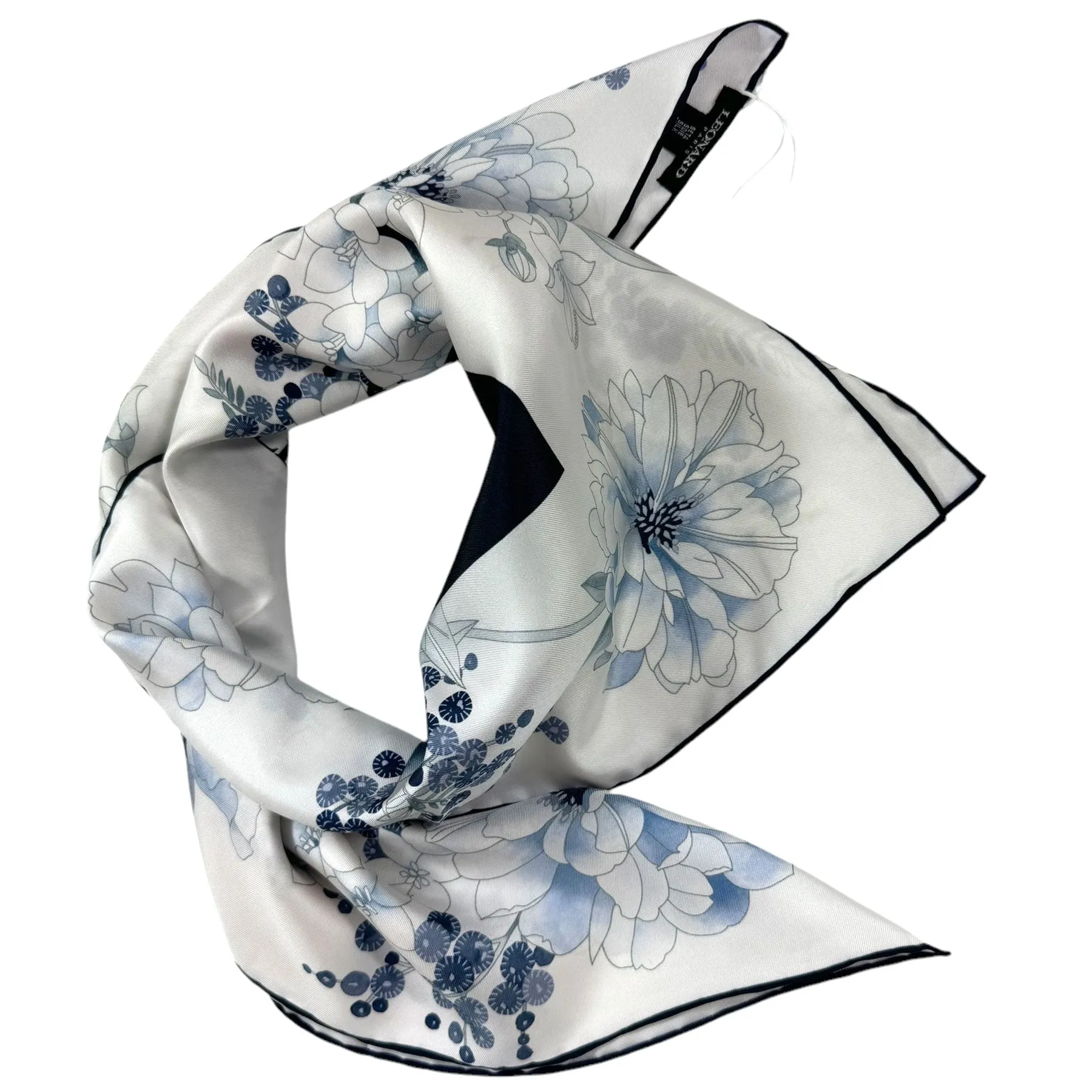 Leonard Paris Scarf White Dark Blue Gray Floral - Twill Silk Large Square Scarf