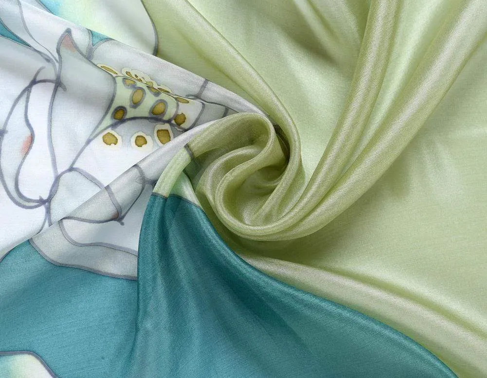 Long Hand Painted Silk Scarf - Lotus Dragonfly