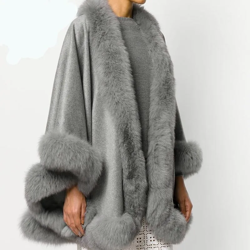 Natural Fox Fur Collar Cashmere Poncho