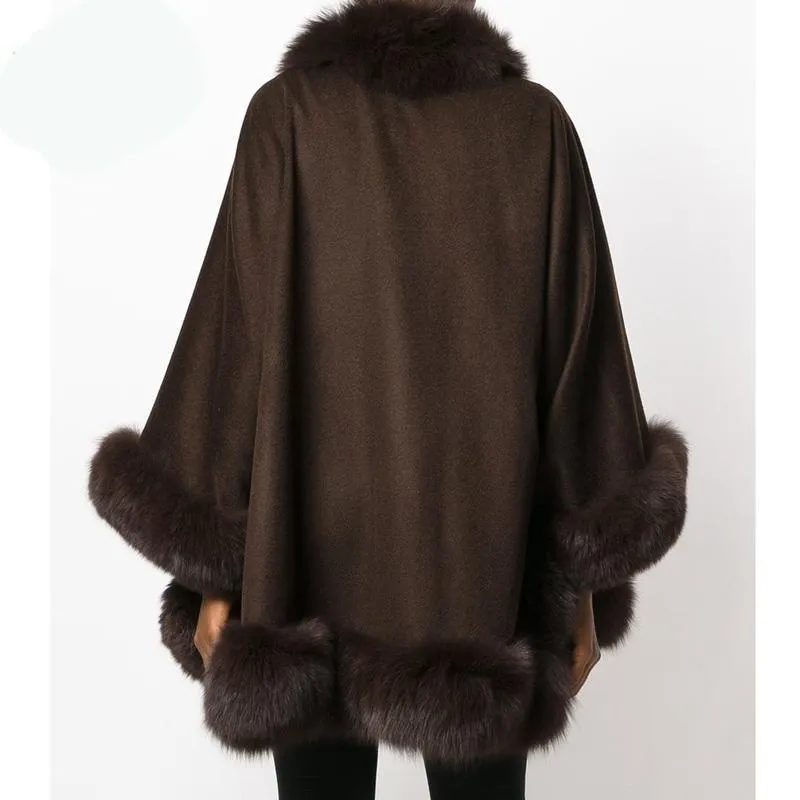 Natural Fox Fur Collar Cashmere Poncho