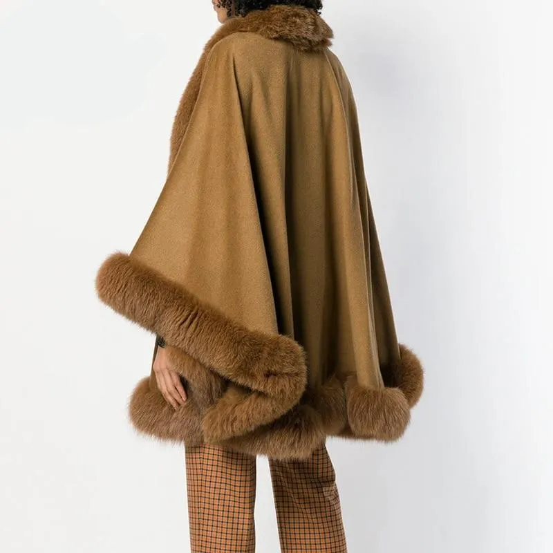 Natural Fox Fur Collar Cashmere Poncho
