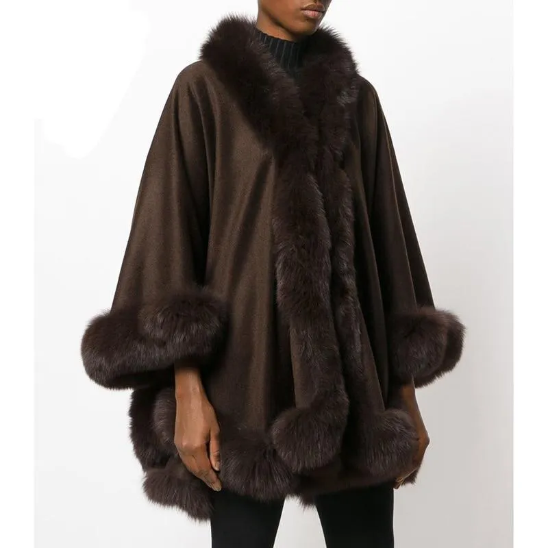 Natural Fox Fur Collar Cashmere Poncho