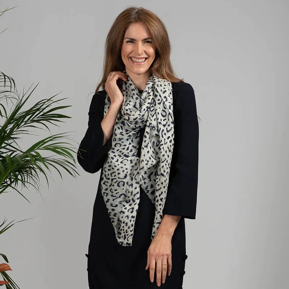 Navy and Pearl Dappled Leopard Print Cashmere and Silk Wrap