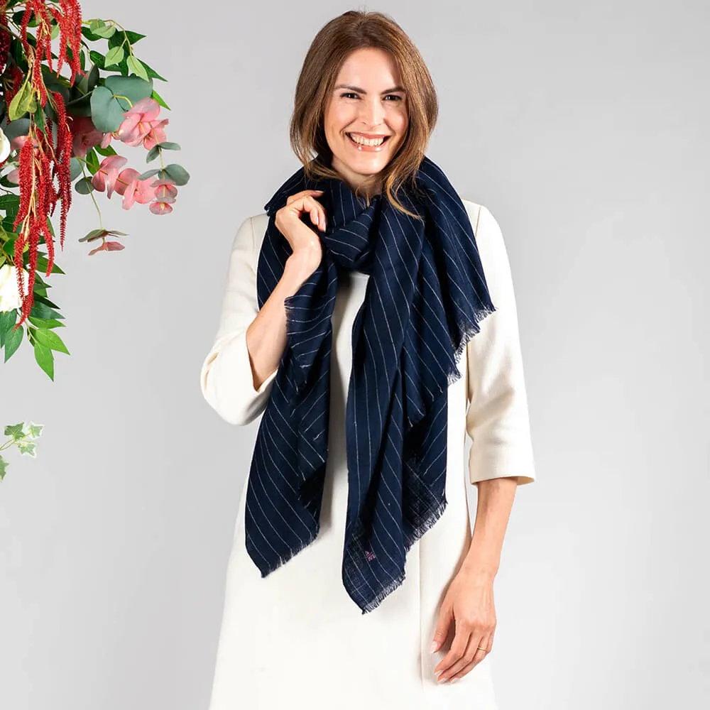 Navy and White Pinstripe Cashmere Shawl