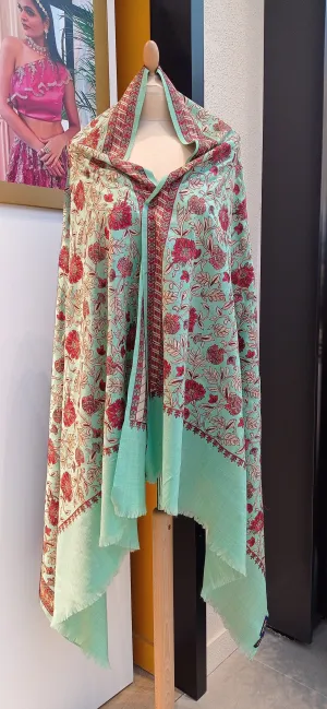 Nina Mint Cashmere Shawl With Floral Embroidery