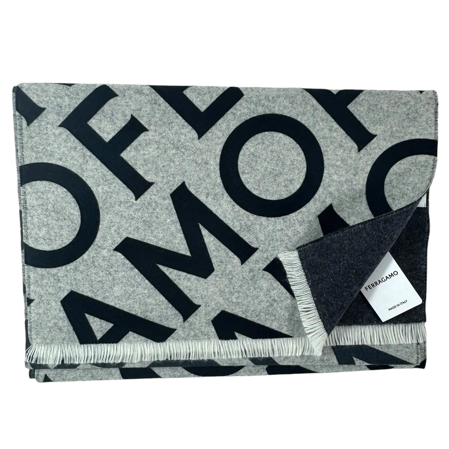 Salvatore Ferragamo Scarf Gray Logo Double Scarf With Lettering - Wool Cashmere - New Collection SALE