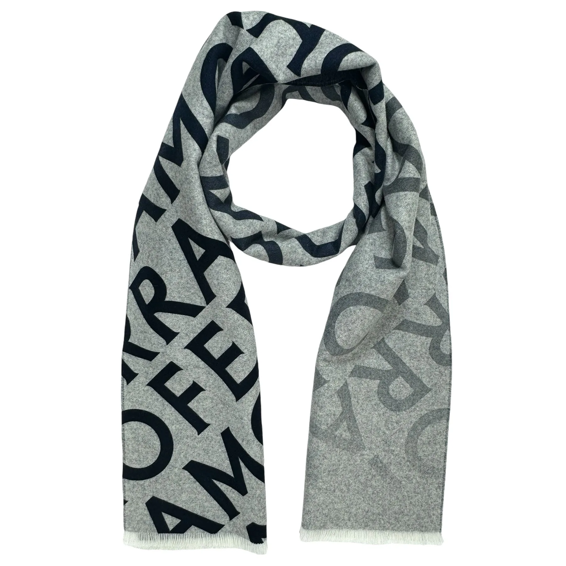 Salvatore Ferragamo Scarf Gray Logo Double Scarf With Lettering - Wool Cashmere - New Collection SALE