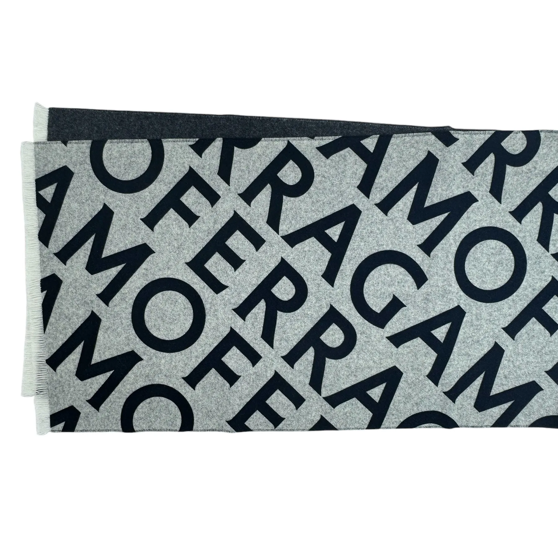 Salvatore Ferragamo Scarf Gray Logo Double Scarf With Lettering - Wool Cashmere - New Collection SALE