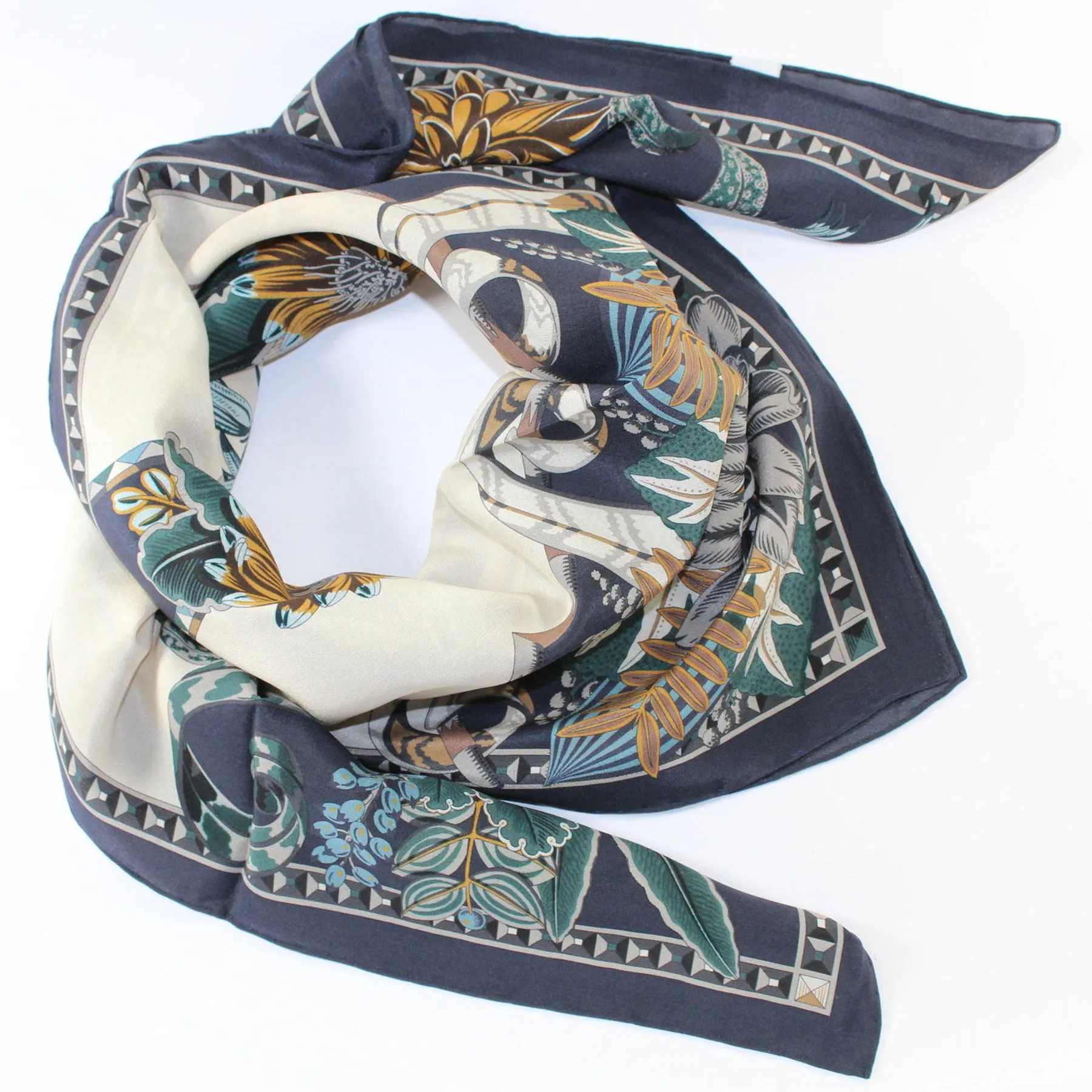 Salvatore Ferragamo Silk Navy Olive Blue Floral - Large Twill Silk 36" Square