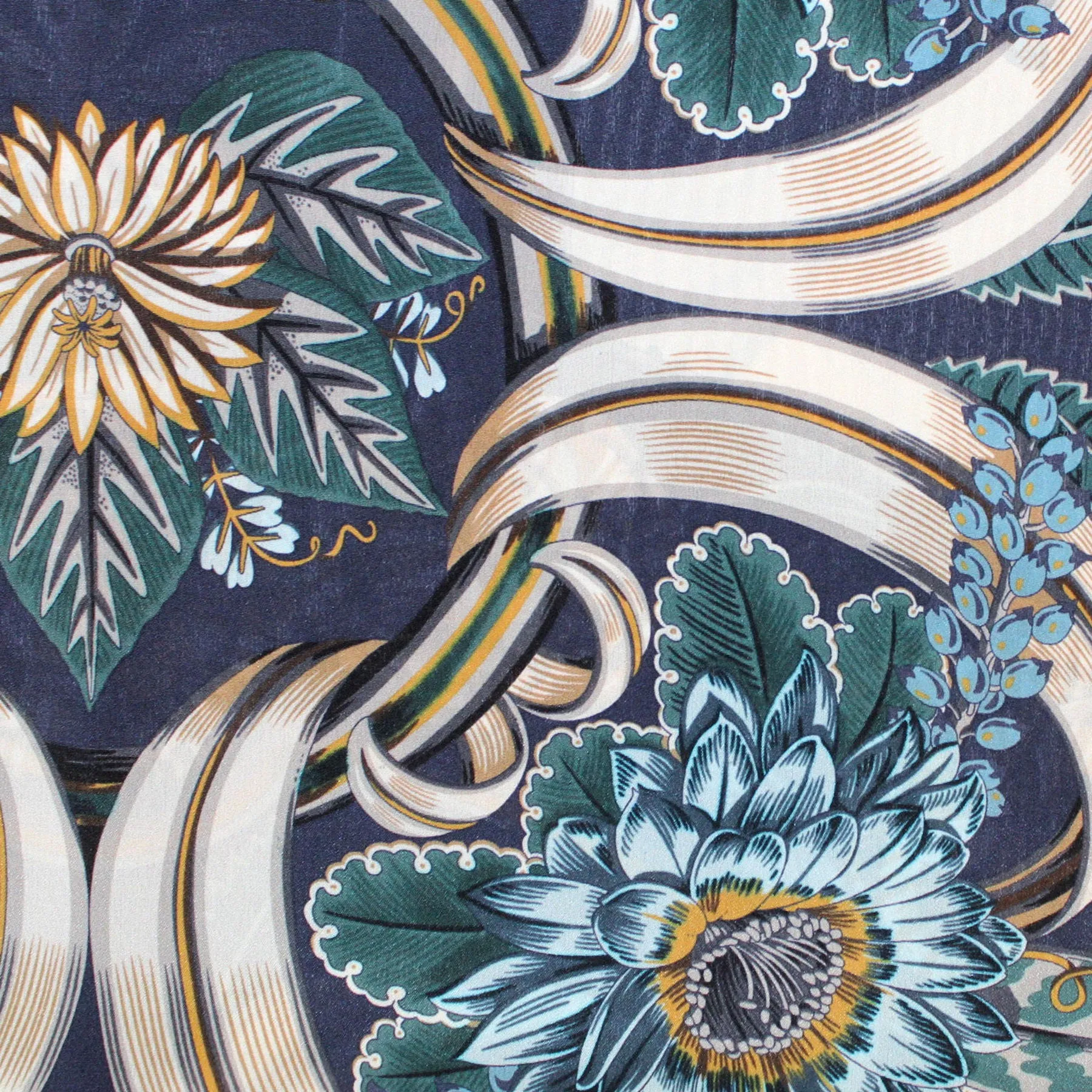 Salvatore Ferragamo Silk Navy Olive Blue Floral - Large Twill Silk 36" Square
