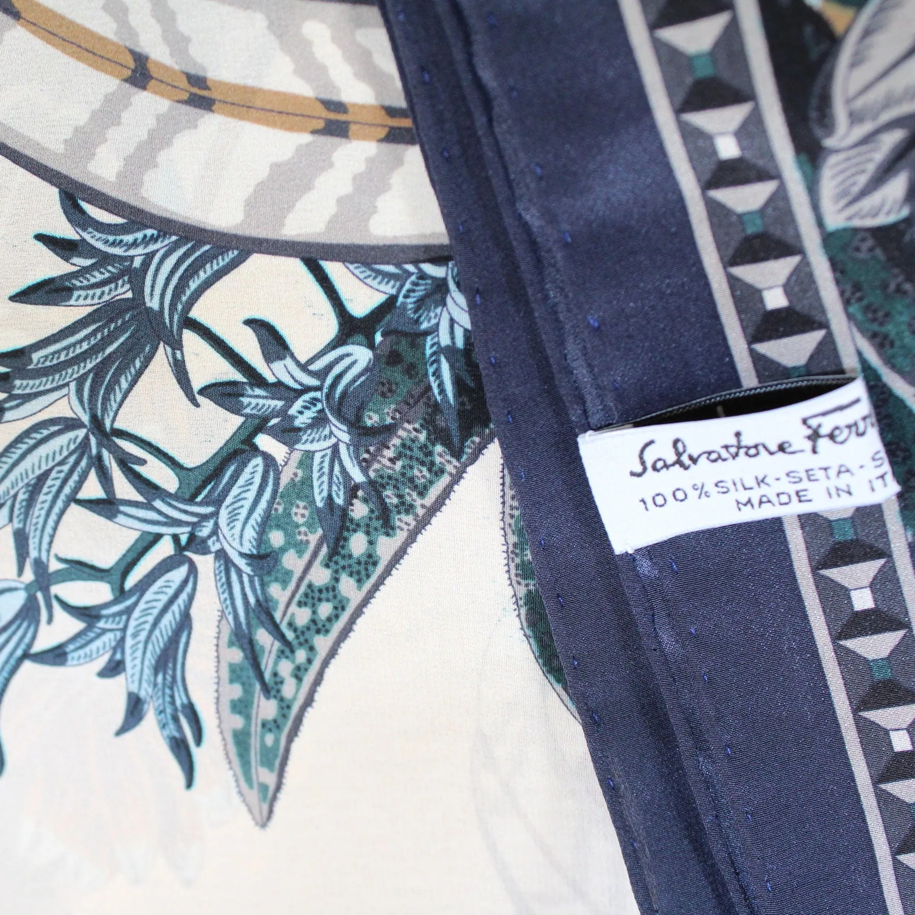 Salvatore Ferragamo Silk Navy Olive Blue Floral - Large Twill Silk 36" Square