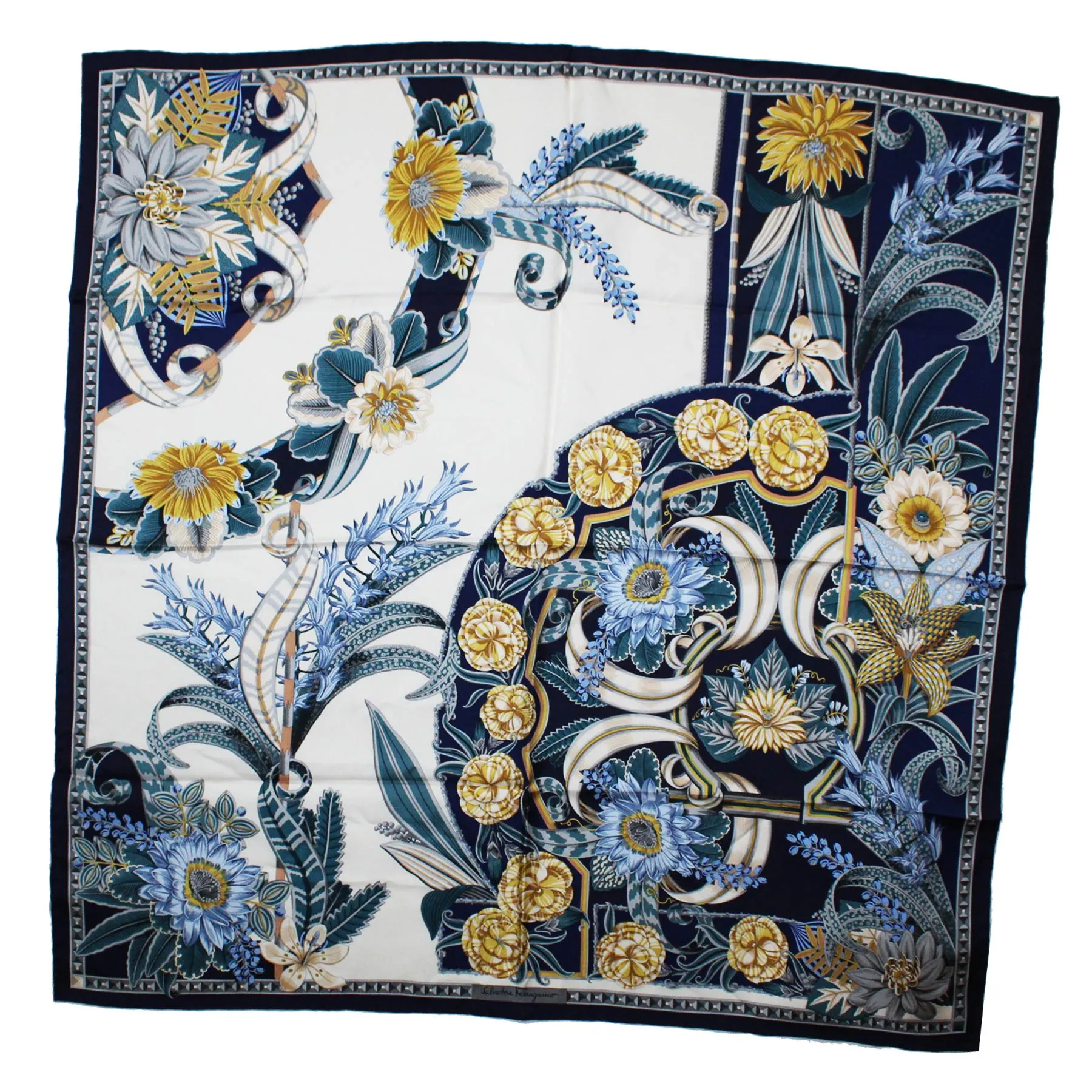 Salvatore Ferragamo Silk Navy Olive Blue Floral - Large Twill Silk 36" Square