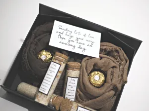 Scarf gift box set with handmade bath salts, chocolates, gift card and gift message, gifts for her, gifts for Christmas, Gifts for Mum,