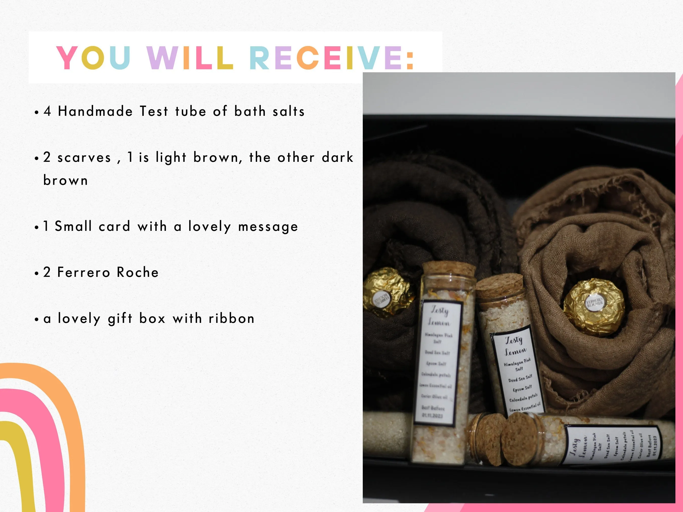 Scarf gift box set with handmade bath salts, chocolates, gift card and gift message, gifts for her, gifts for Christmas, Gifts for Mum,