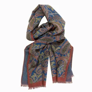 Scarf w/ Paisley /Houndstooth Double Faced Design with Blue and Earth Tones
