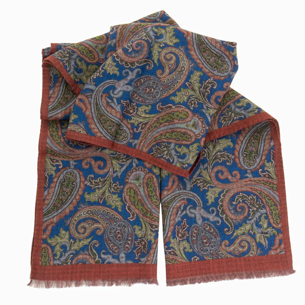 Scarf w/ Paisley /Houndstooth Double Faced Design with Blue and Earth Tones