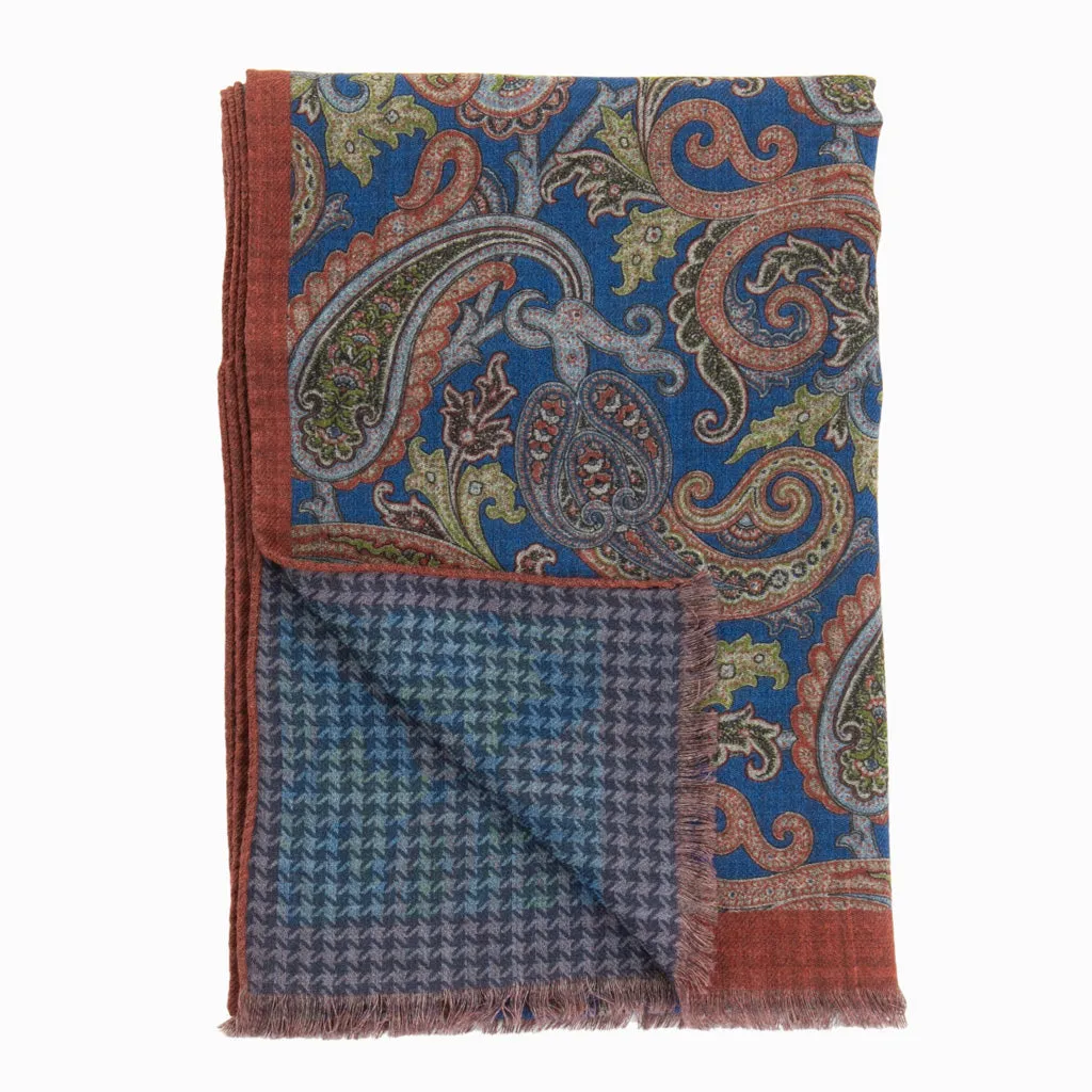 Scarf w/ Paisley /Houndstooth Double Faced Design with Blue and Earth Tones