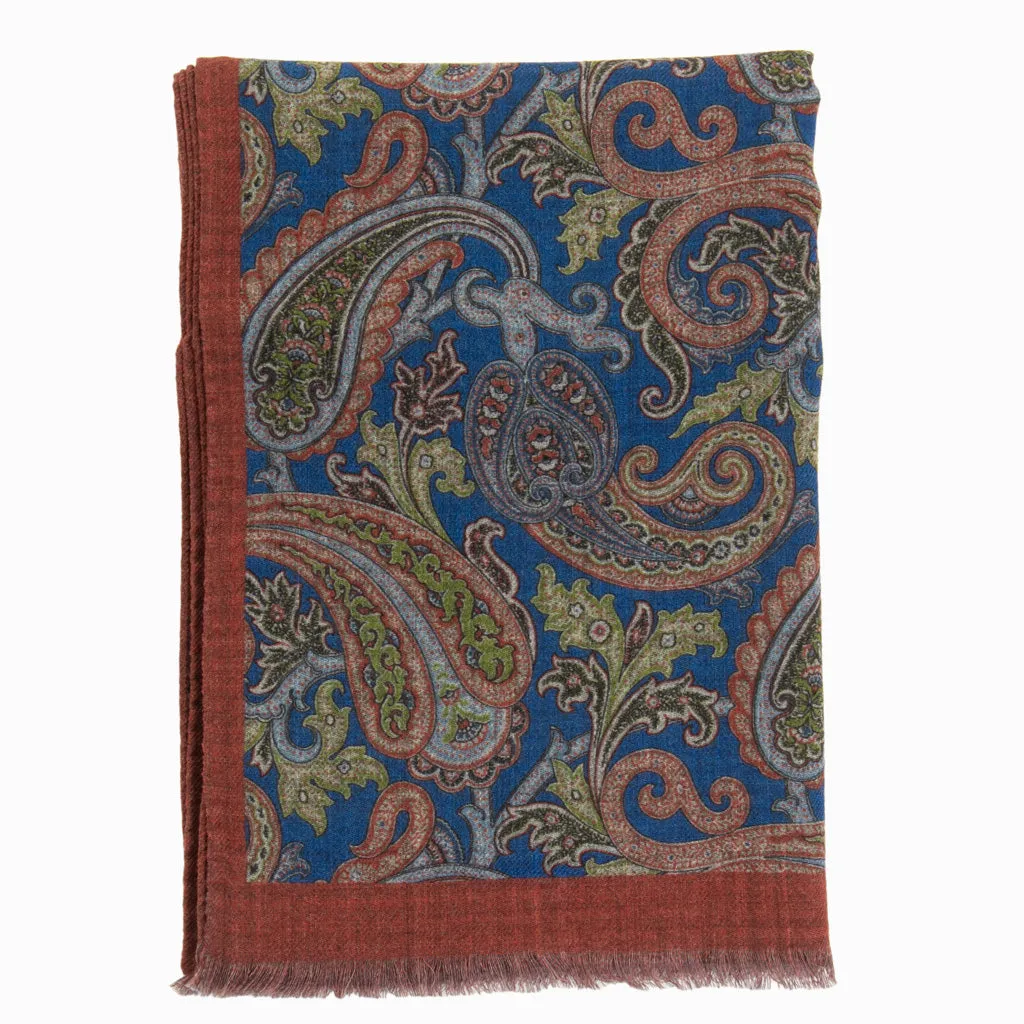 Scarf w/ Paisley /Houndstooth Double Faced Design with Blue and Earth Tones