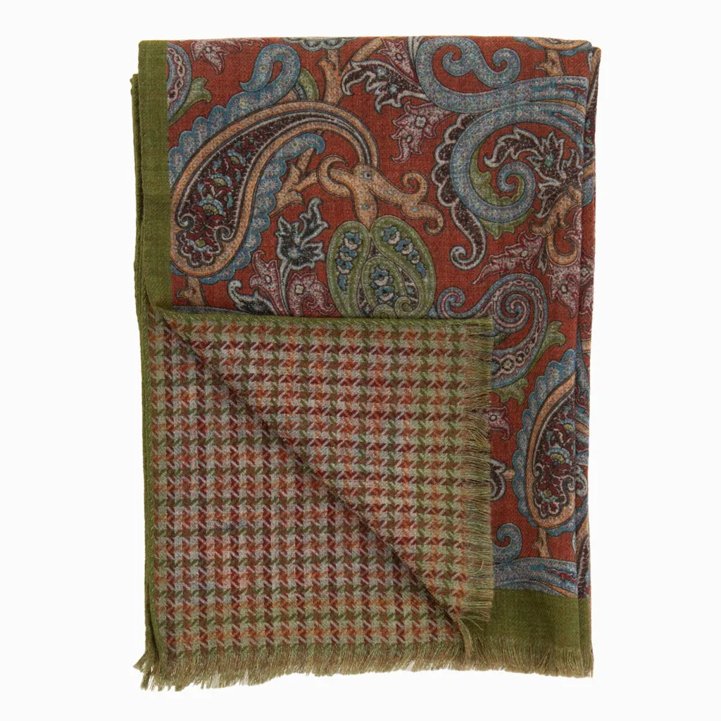 Scarf w/ Paisley /Houndstooth Double Faced Design with Sage and Earth Tones