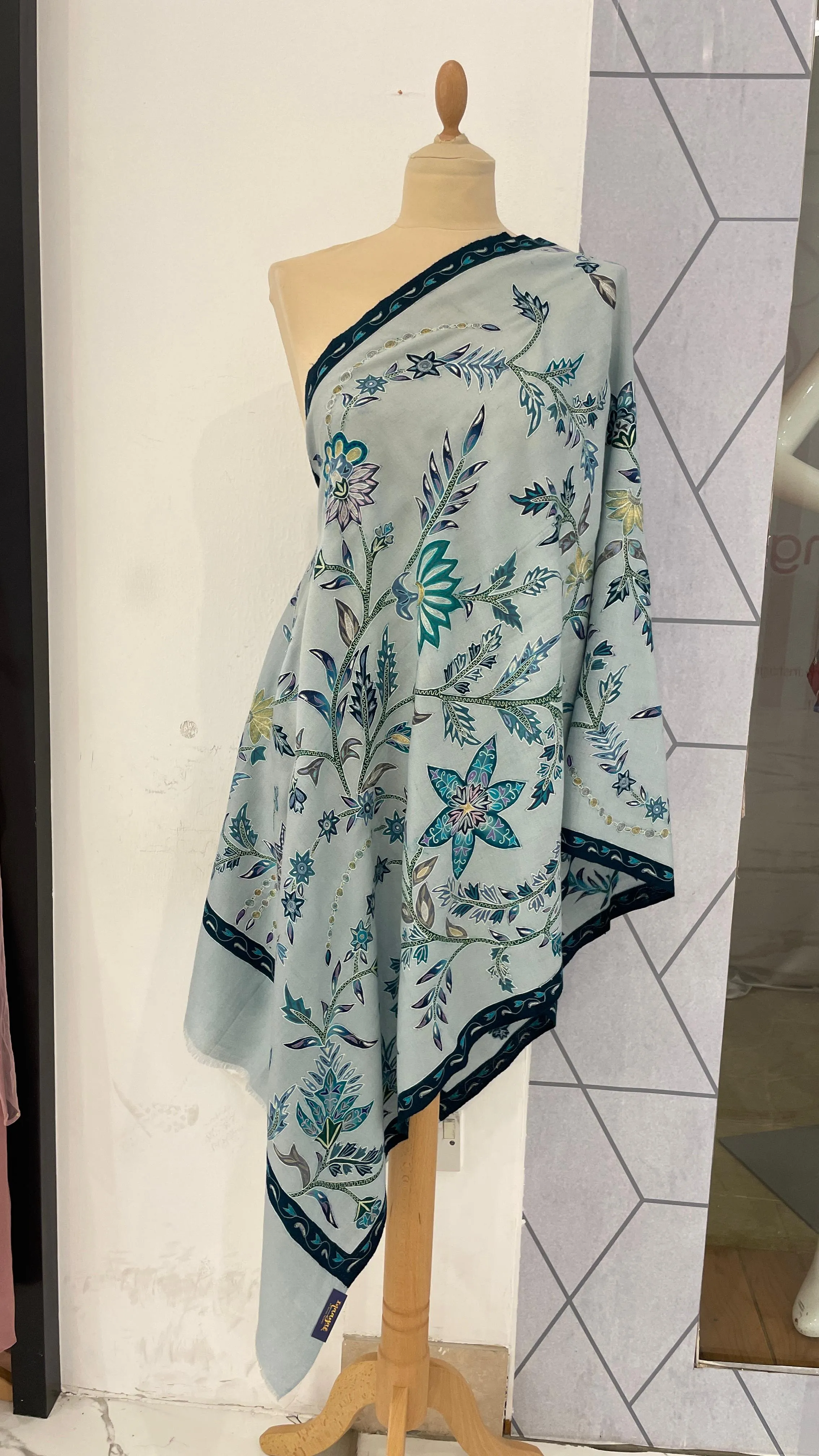 Shipra ice Blue Kalamkari Pashmina Scarf