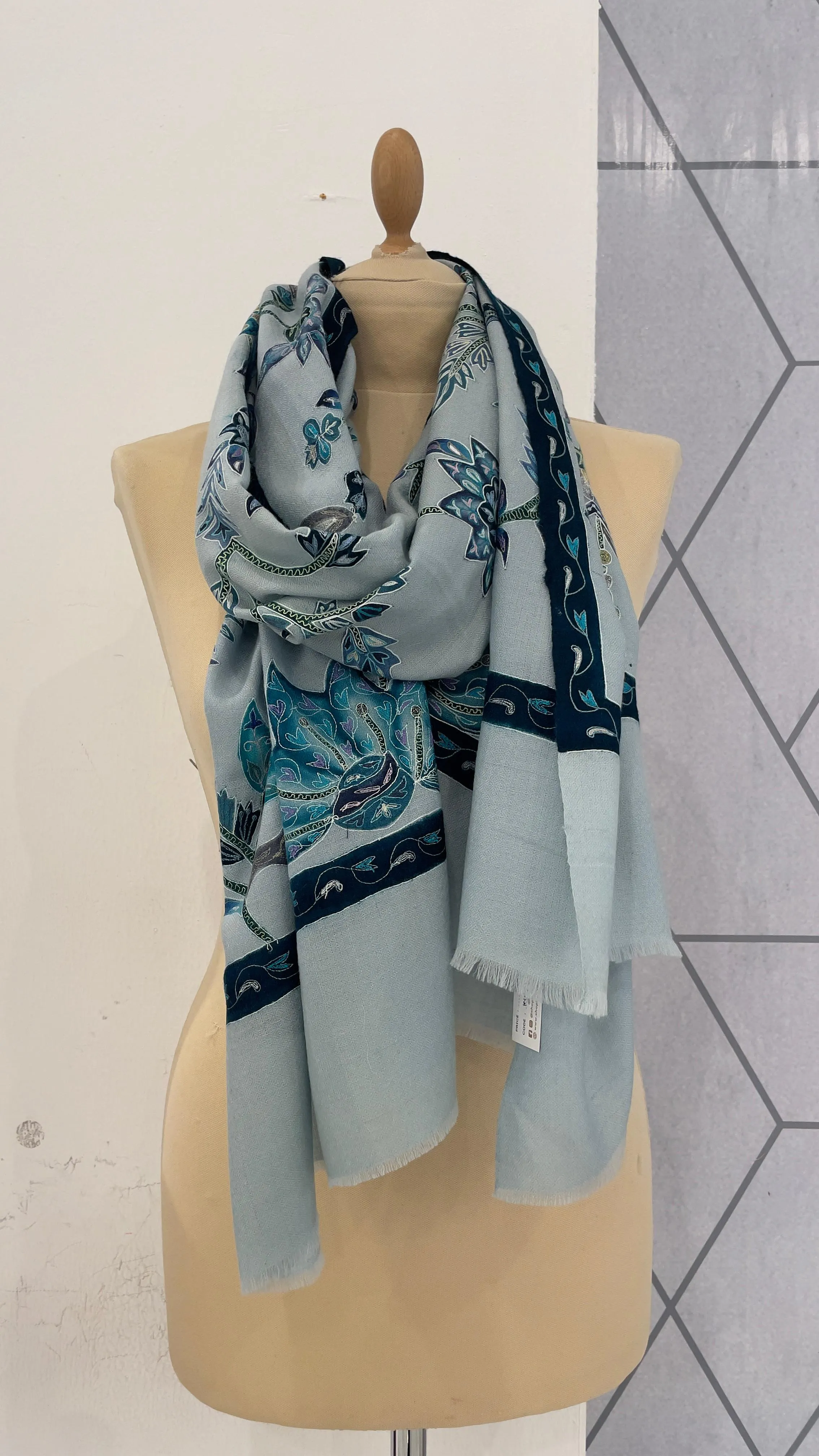 Shipra ice Blue Kalamkari Pashmina Scarf
